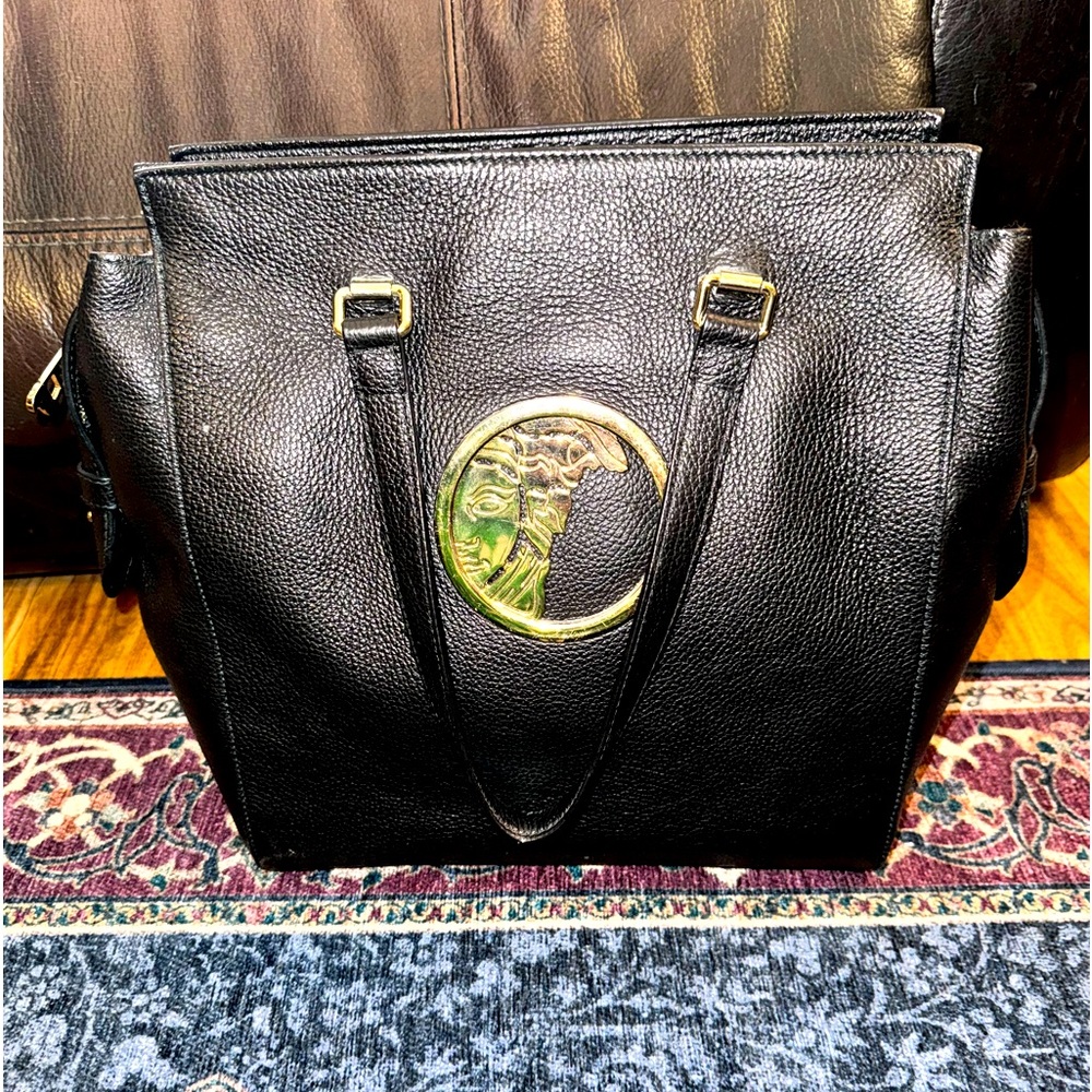 Versace Collection Bags - Black & Gold Authentic Pebbles Leather Tote